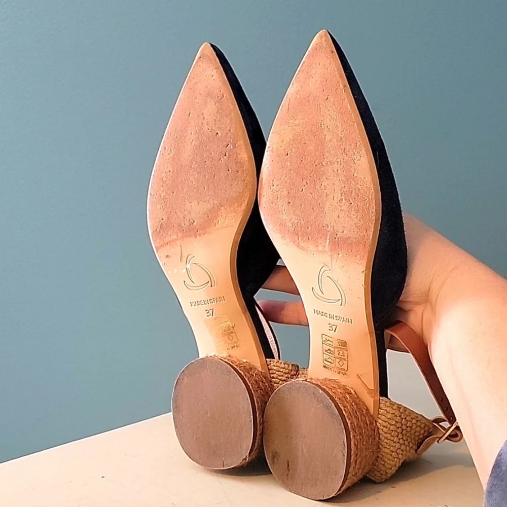 KANNA Jini‎ Raffia Trimmed Navy Suede Heels Eur 37, US 6.5-7
